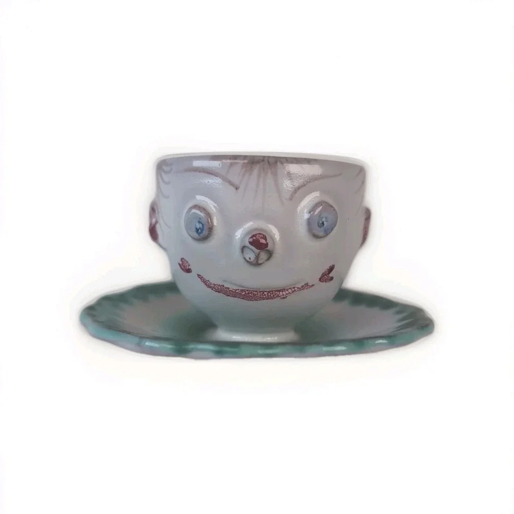 CLOWN/BOY FACE EGG CUP & ATTACHED SAUCER MADE IN ITALY MCM VINTAGE 1950'S
